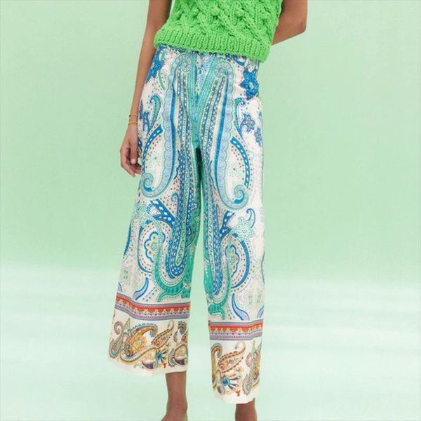 

za summer full length trouser womens capris printed high waist wide leg pantalon female fashion zipper pockets, Black;white