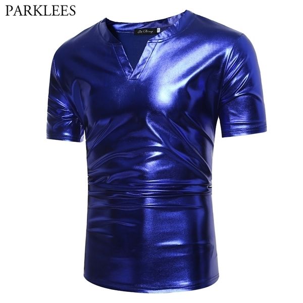 Royal Blue Metallic Nightclub Wear Tshirt Uomo Moda Slim Fit Scollo a V Mens T-shirt DJ Stage Party Prom Camiseta Masculina 210522