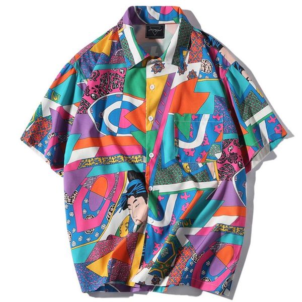 

short sleeve shirt men hip hop japanese streetwear silk ukiyoe casual man summer fashion hawaiian shirts he01 men's, White;black