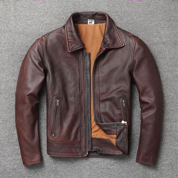 

men's leather & faux retro head layer make old luxury genuine autumn men coat riders biker winter male reddish real jacket coats, Black