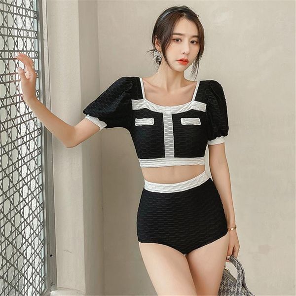 

women's swimwear high waist bikini women solid black short sleeve biquini puff swimsuit crop pads bathing suit tummy control, White;black
