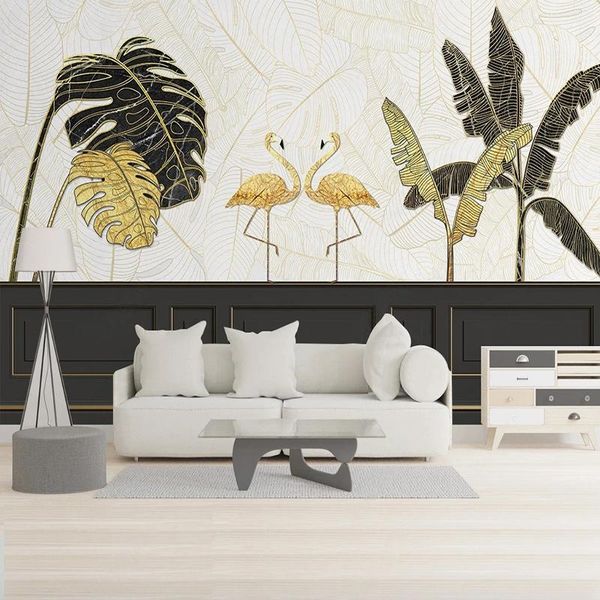 

wallpapers custom po wallpaper modern minimalist 3d geometric golden lines tropical leaves living room tv background wall home decor