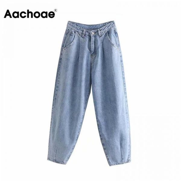 

aachoae women blue harem jeans loose mom high waist streetwear boyfriends washed denim long trousers bottoms slouchy 210825