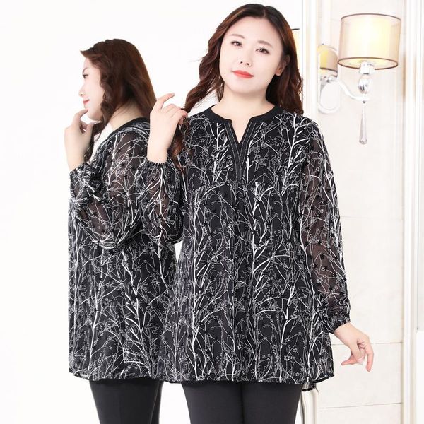 

women's blouses & shirts spring autumn 4xl to 10xl plus size thin printed chiffon blusas de mujer long sleeve casual outerwear t59263, White