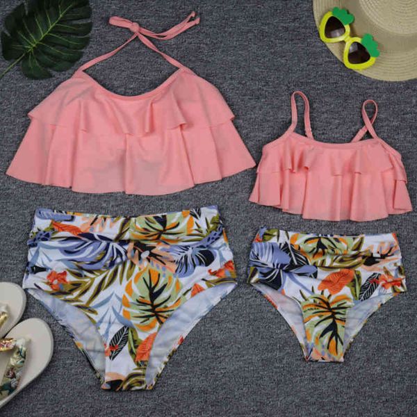 

mother daughter swimsuit printed high waist parent child bikini, Black;white