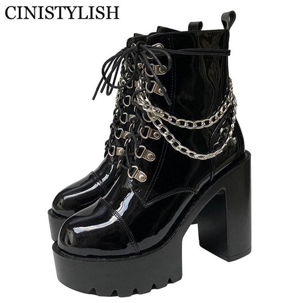 

boots gothic women ankle shoes on platform fashion chain patent leather female demonia punk style ladies 2021 winter, Black