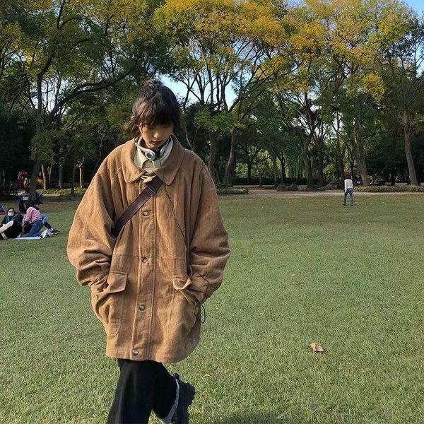 

women's jackets 2021 autumn retro jacket mid-length brown thick coat loose t men's students sweater vintage, Black;brown