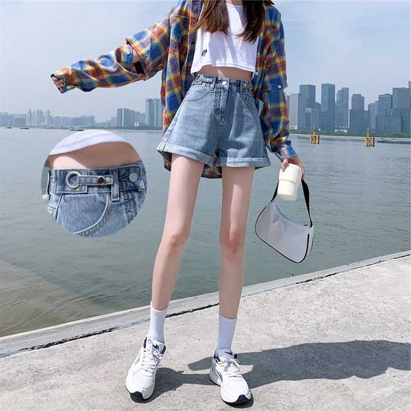 

thin summer 2021 girl high waist denim shorts women's loose and wide leg a-line pants, Blue