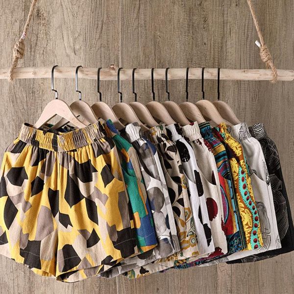 

women's shorts cotton linen women summer vintage print loose casual lady elastic waist beach correndo short pants, White;black