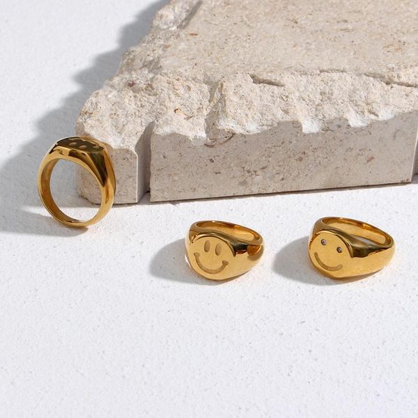 

cluster rings cute smile women jewelry stainless steel smiling zircon men's wedding 18k gold plated matching ring girls accessoriesÂ, Golden;silver