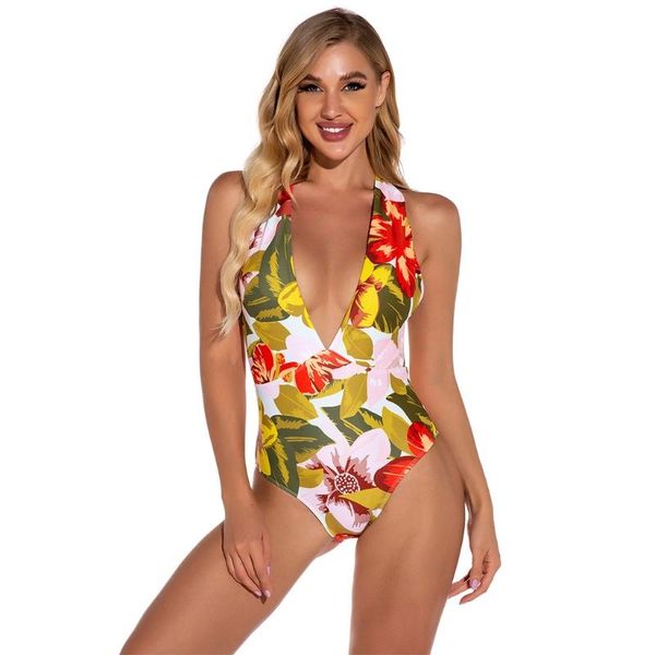 

women one-piece swimsuit deep v neck strap waist hollow out female summer flower printing bikini bathing suit beachwear suits