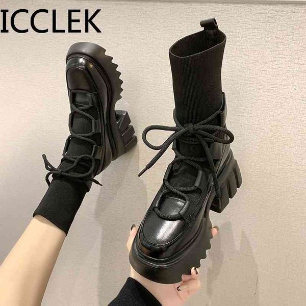 

women boot lace up ladies ankle boots female strap black chunky platform shoe fashion winter stretch fabric high heel boots 210428