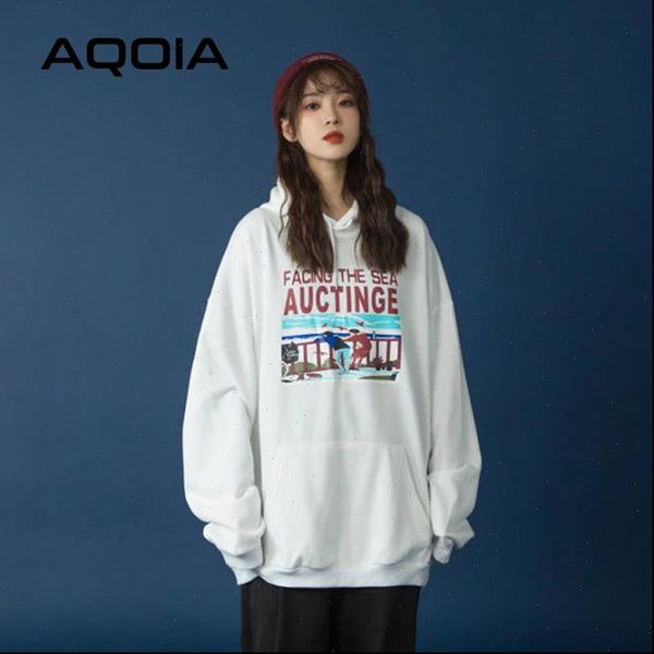 

aqoia autumn boyfriend style letter women sweatshirt printing loose cotton thin pockets oversize, Black