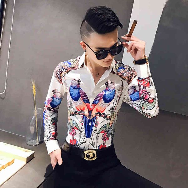 

men's casual shirts moda de alta qualidade impresso digital camisas para roupas masculinas manga longa simples todos os jogos fino ajus, White;black
