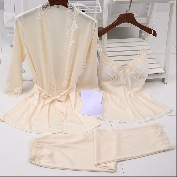 

silk satin pajama womens sleepwears set lace fashion home clothing v neck nightwear bathrobe pant 3 pieces for, Black;red