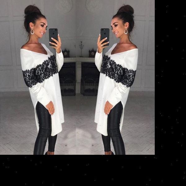 

fashion long sleeve v neck womens shirt white split lace pullover tunics
