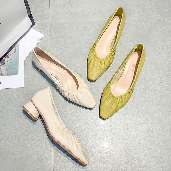 

dress shoes 2021 soft pleated design leather fashion heels women pumps help low simple thick heel party, Black