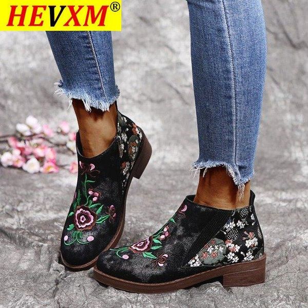 

boots 2021 vintage embroidery flower ankle women shoes woman genuine leather splicing zipper casual botas mujer, Black