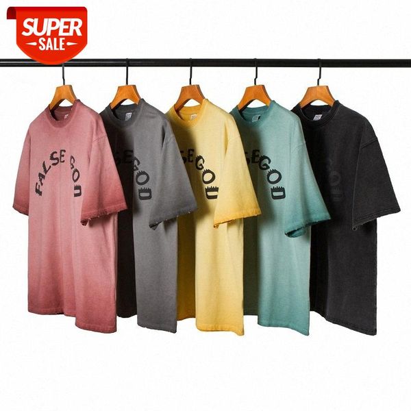 

gradient washed distressed retro frayed short-sleeved kanye hip-hop foam letter printed t-shirt #nt1k, White;black