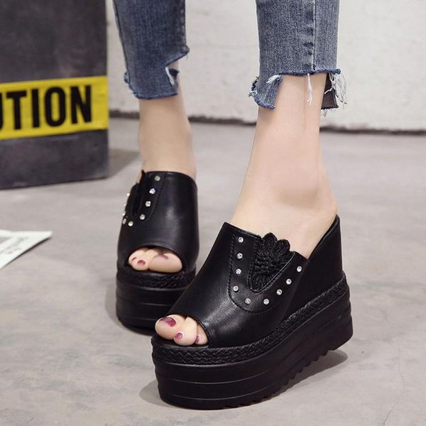 

slippers women summer footwear crystal platforms wedges super high heels shoes outdoor lazy half sandalias mujer #g3, Black