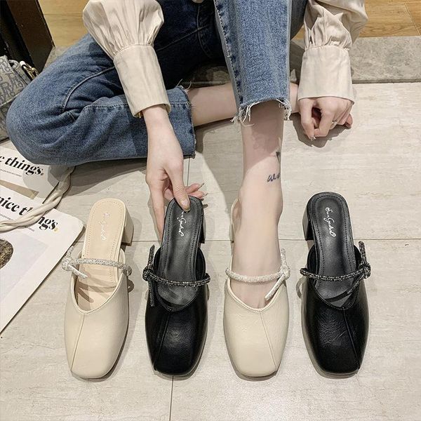 

med cover toe female shoes womens slippers outdoor loafers luxury slides square heel 2021 designer block summer fashion hoof hee, Black