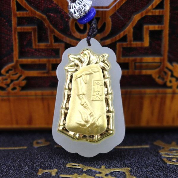 

lockets excellent natural white hetian jade necklace pendant men women 24k gold bamboo lucky bless peace pendants fine jewelry, Silver