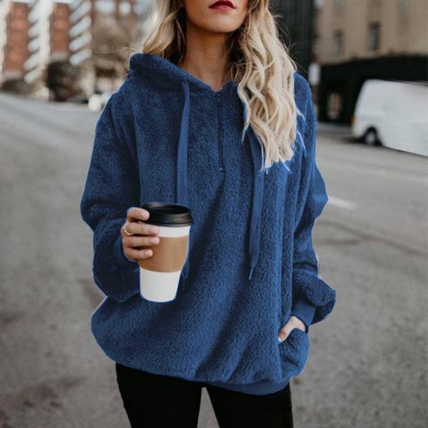 

women's hoodies & sweatshirts women fleece long sleeve hooded pullover sweatshirt autumn winter warm zipper pocket fur coat plus size 5, Black