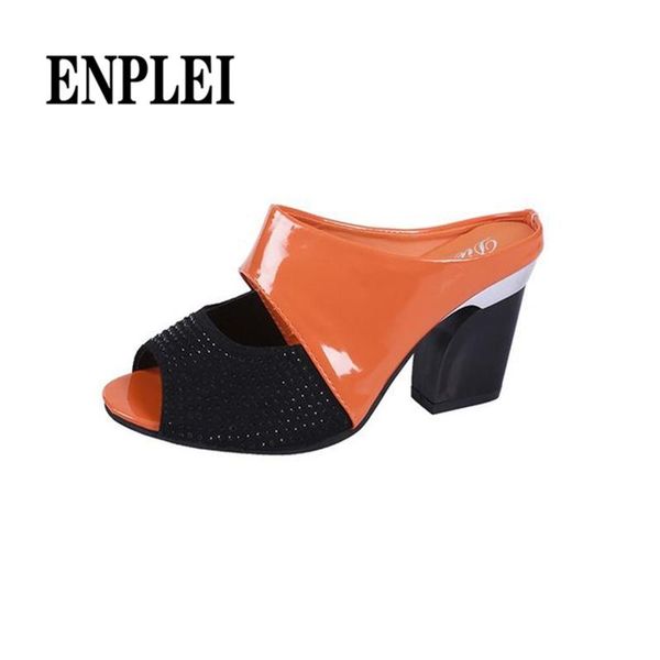 

slippers enplei women shoes summer peep toe slides party evening chunky high heels slipper crystal sandals ladies size 35-39, Black