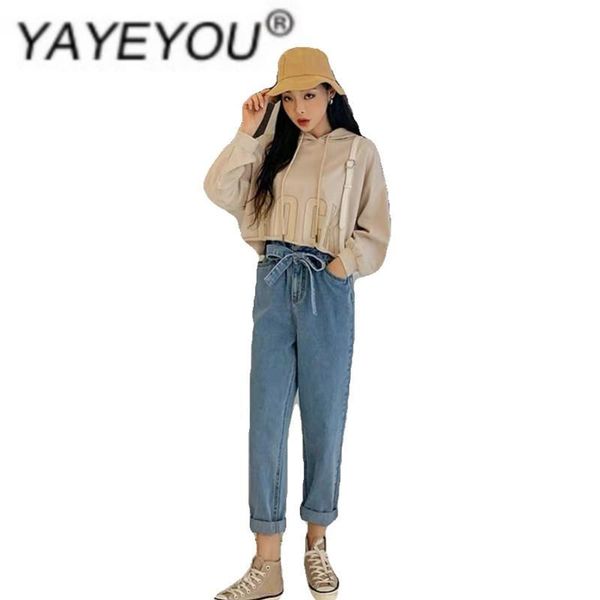 

women's jeans spring fashion style baggy thin dad long trend denim blue casual all-tie-up with pure color bf straight waist