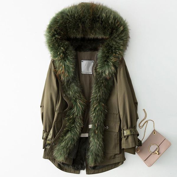 

women's fur & faux lady overcome coat casual pocket parka winter windproof jacket army green cotton hair liner raccoon dog collar, Black