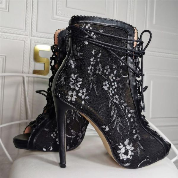 

boots elegant woman flower black lace up high heel peep toe sandal ankle real pos
