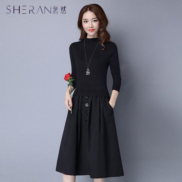 

casual dresses woman dress 2021 spring summer women preppy style of knitting long sleeve fake 2 piece set was thin slim clothing, Black;gray