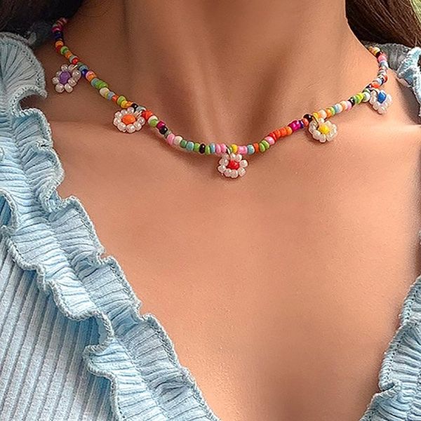 

pendant necklaces trendy bead strand beaded choker necklace for women bohemian colorful handmade short daisy pearl collar jewelry, Silver