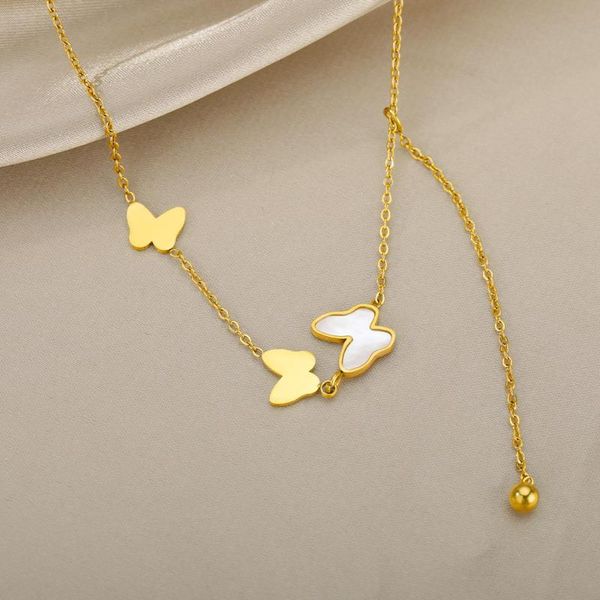 

pendant necklaces 3 layer butterfly for women stainless steel gold color charms chain choker fashion jewelry accessories gift, Silver