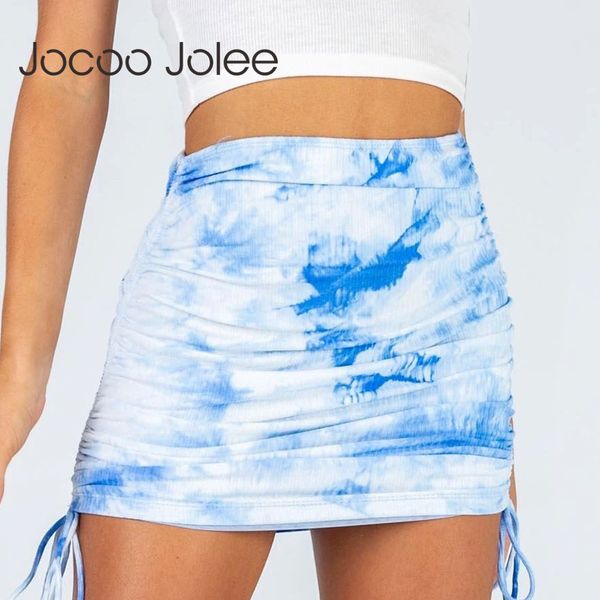 

women summer nightclub high-waisted elasticity knit pleated side drawstring tie dye buttocks skirt 210428, Black