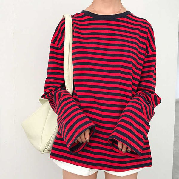 

korea large size casual long-sleeved striped cotton o-neck ulzzang loose hip hop autumn female fashion harajuku t-shirt 210608, White