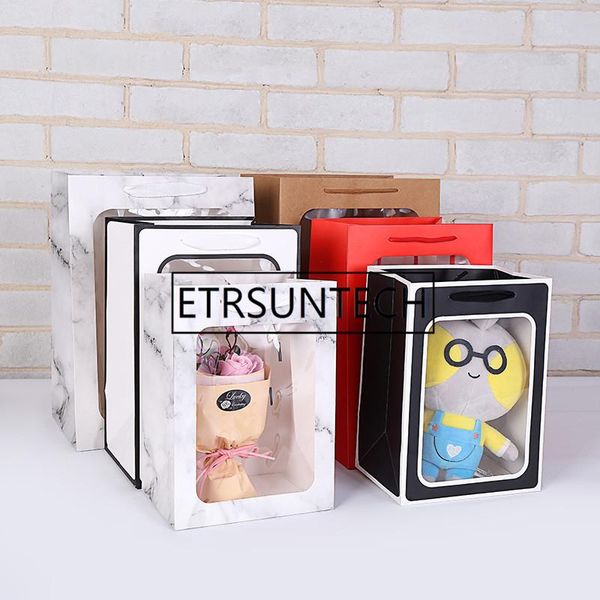 

gift wrap 100pcs/lot portable flower gifts bag paper handheld transparent window package containers for wedding party candy bags