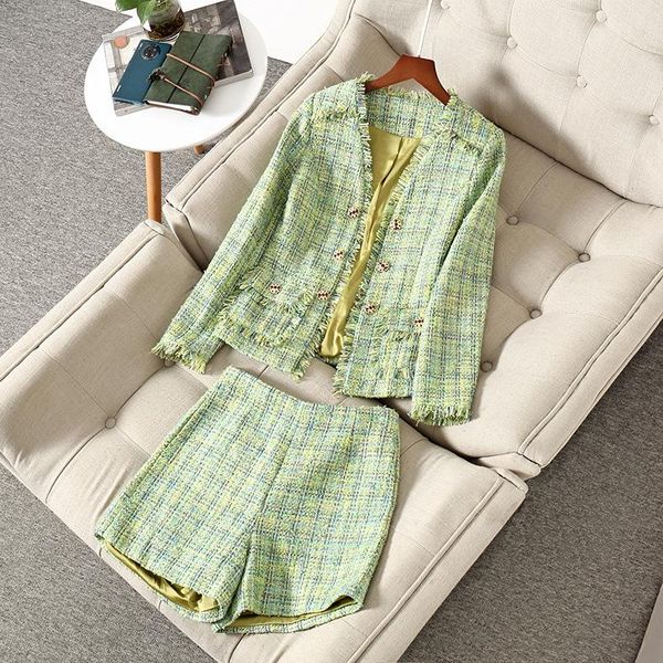 

european and american women's wear 2021 winter style long-sleeved double-breasted cardigan jacket shorts fashion tweed suit two piece p, White