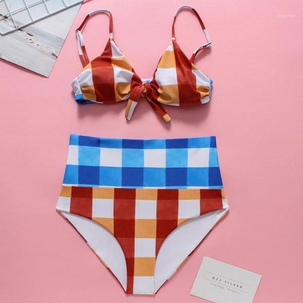 

women's swimwear plaid and checked triangle push up bikinis women splicing high waisted swimsuit summer bathing suits swimming biquini, White;black