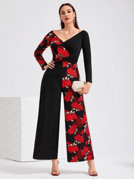 

floral print twist front wide leg jumpsuit l4sc#, White