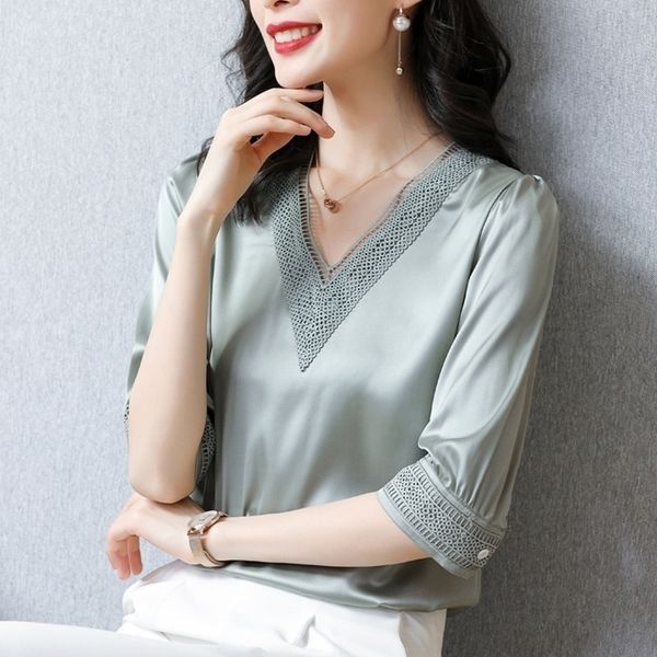 

korean heavy silk women blouses shirts woman embroidered satin blouse shirt elegant women hollow out blouse white plus size 210317