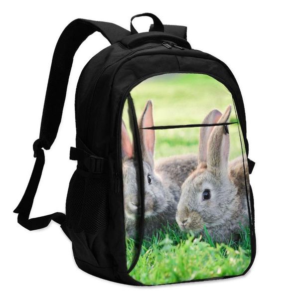 

backpack 2021 lapusb two grey rabbits in green grass travel male women leisure