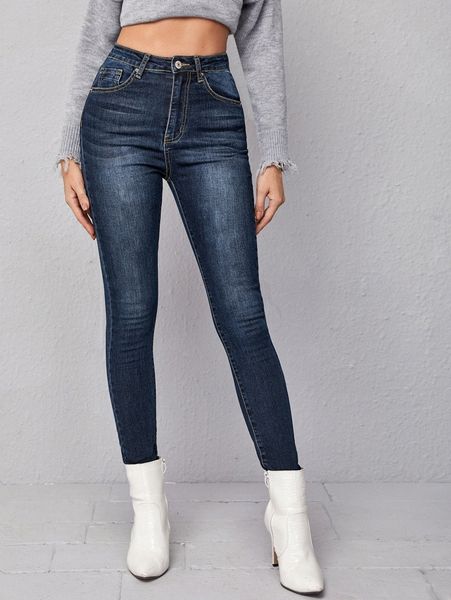 

zipper fly dark wash skinny jeans 87kk#, Blue