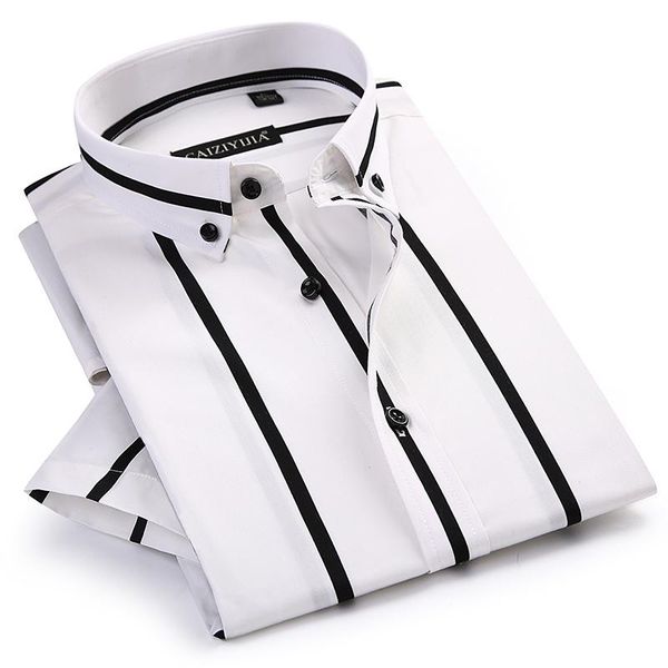 

men's dress shirts contrast wide stripes short sleeve comfortable soft standard-fit summer thin casual button-down office shirt, White;black