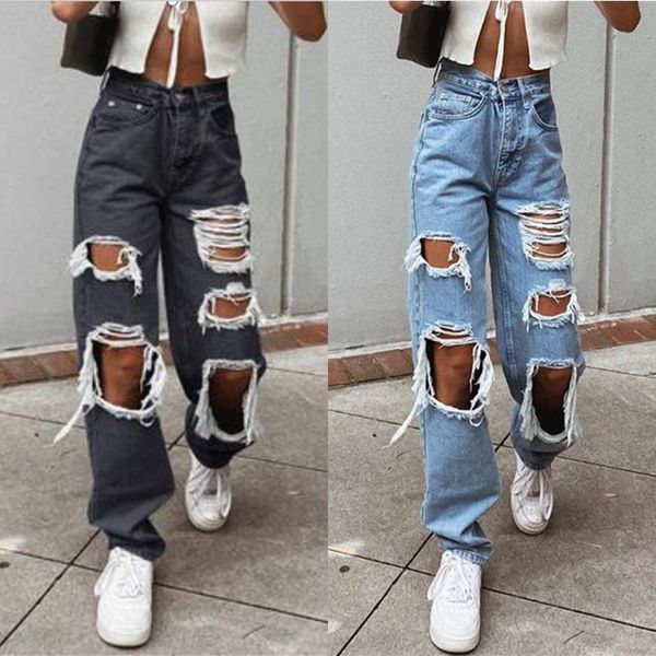 

women's pants & capris sagace women button high waist pocket elastic hole jeans trousers loose denim pants,long straight streetwear, Black;white