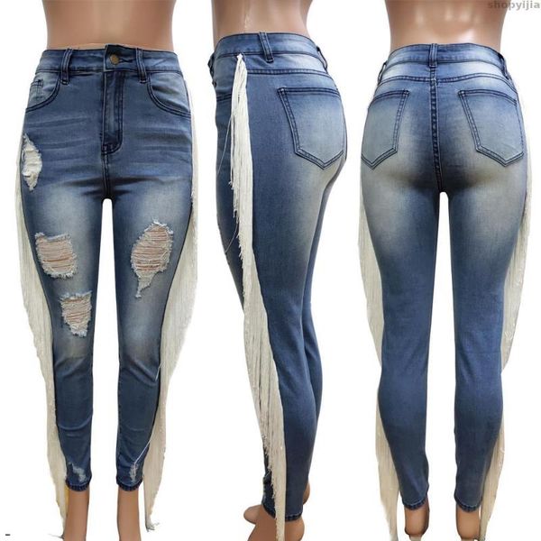 

women's jeans casual zipper pencil pants women summer autumn hole high waist tassel side splicing denim shorts fashion, Blue