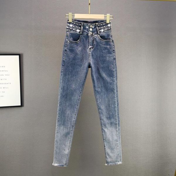 

beaded diamond jeans women's spring 2021 high-waist slim slimming pants 0128, Blue