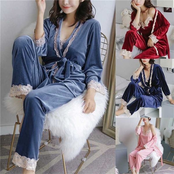 

autumn winter warm pajamas set women sleep deep gold velvet homewear sleepwear pajama s long pant robe nightdress 211126, Black;red