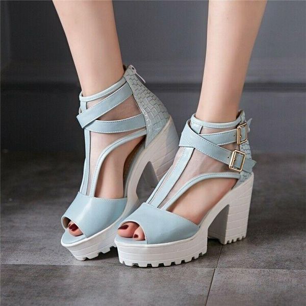 

sandals plus size block heels buckle strap ladies mesh t-bar casual shoes, Black
