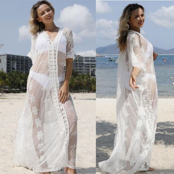 Abito da spiaggia trasparente in pizzo sexy per donna Costume da bagno lungo bianco Copricostume oversize Saida De Praia Robe Plage Cover-Up Costumi da bagno da donna